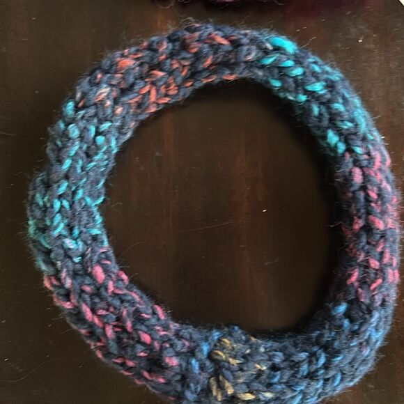 Wool multicolor hand knit chunky headband stretch navy turquoise pink orange L - Picture 8 of 9